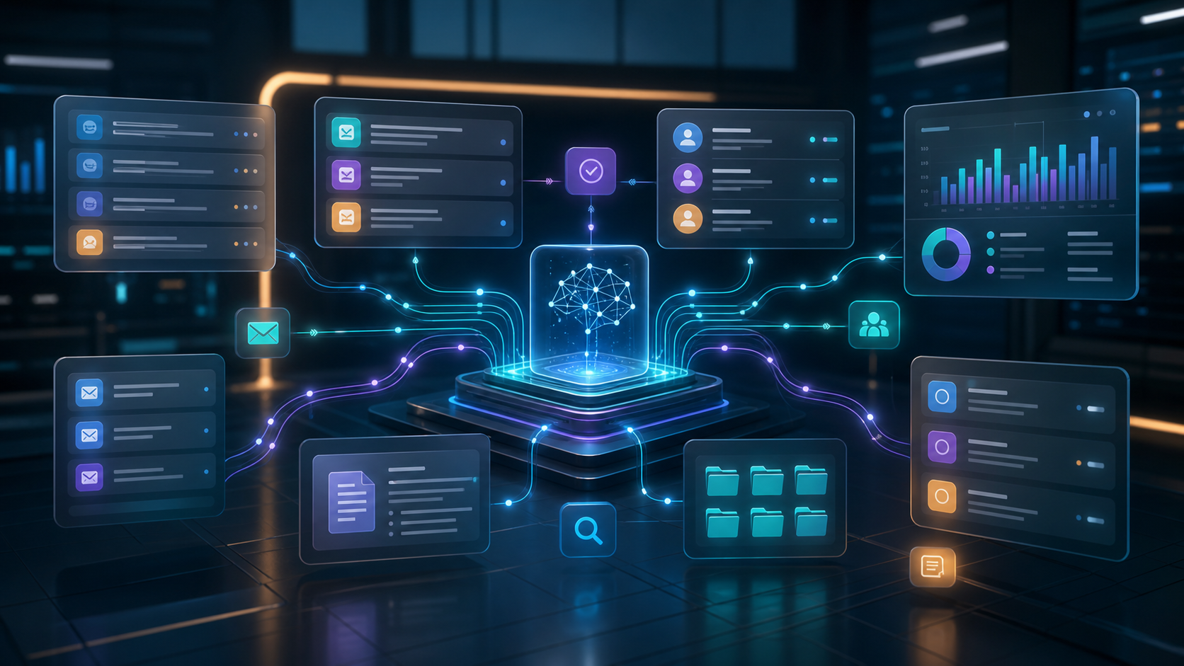 AI automation hub routing business workflows through connected dashboards and operations panels.