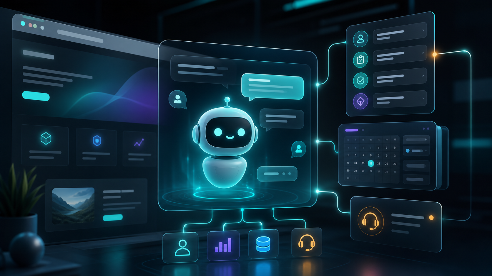 Business website chatbot interface connected to lead qualification, CRM, calendar, and support workflows.