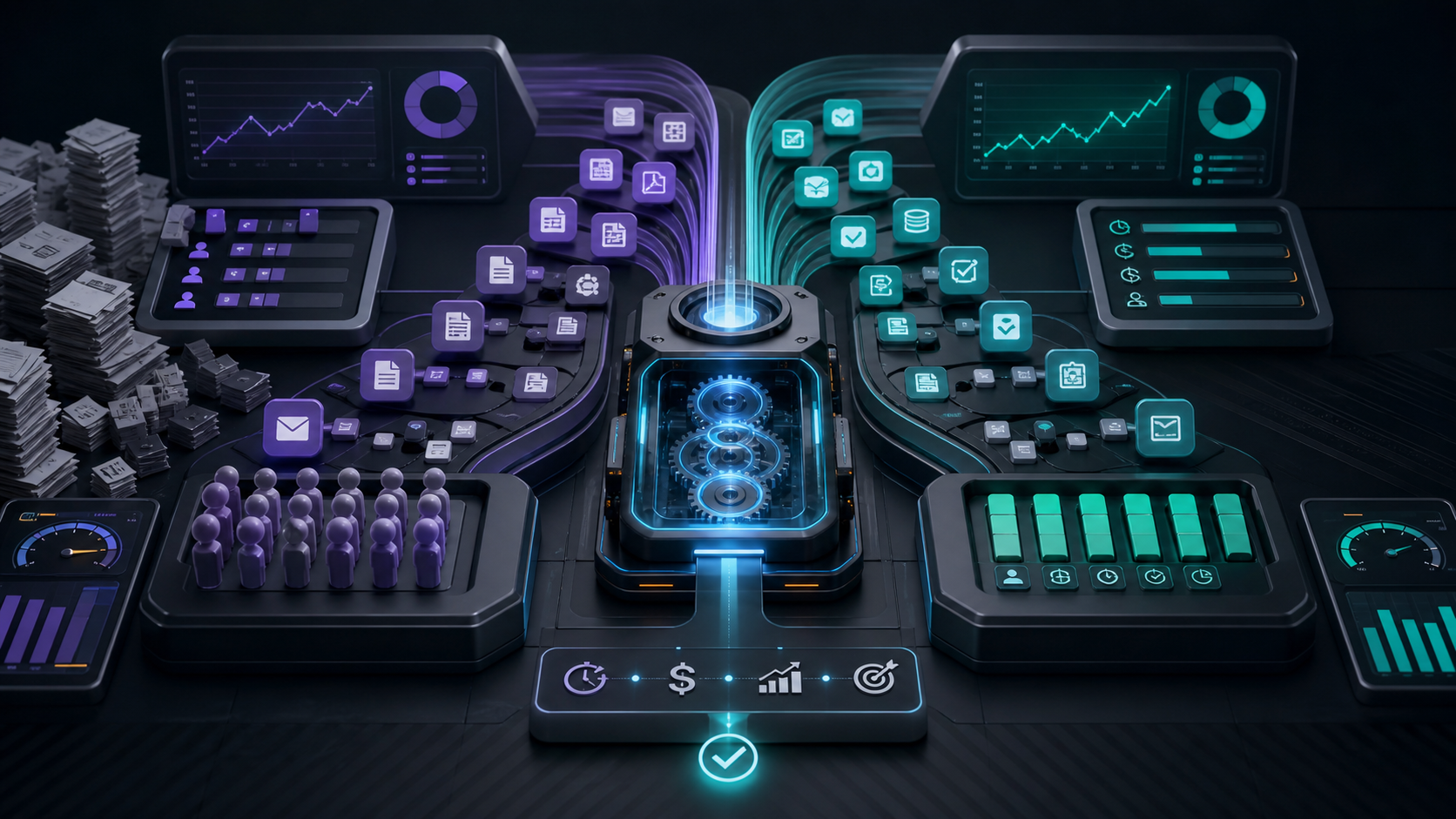 Business operations workflow comparing manual work and automation through connected process dashboards.
