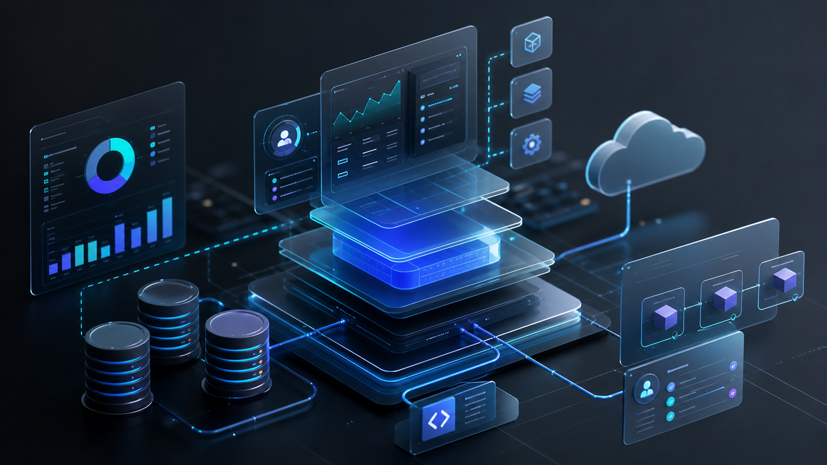 Abstract scalable SaaS architecture with dashboards, cloud infrastructure, and connected product systems.