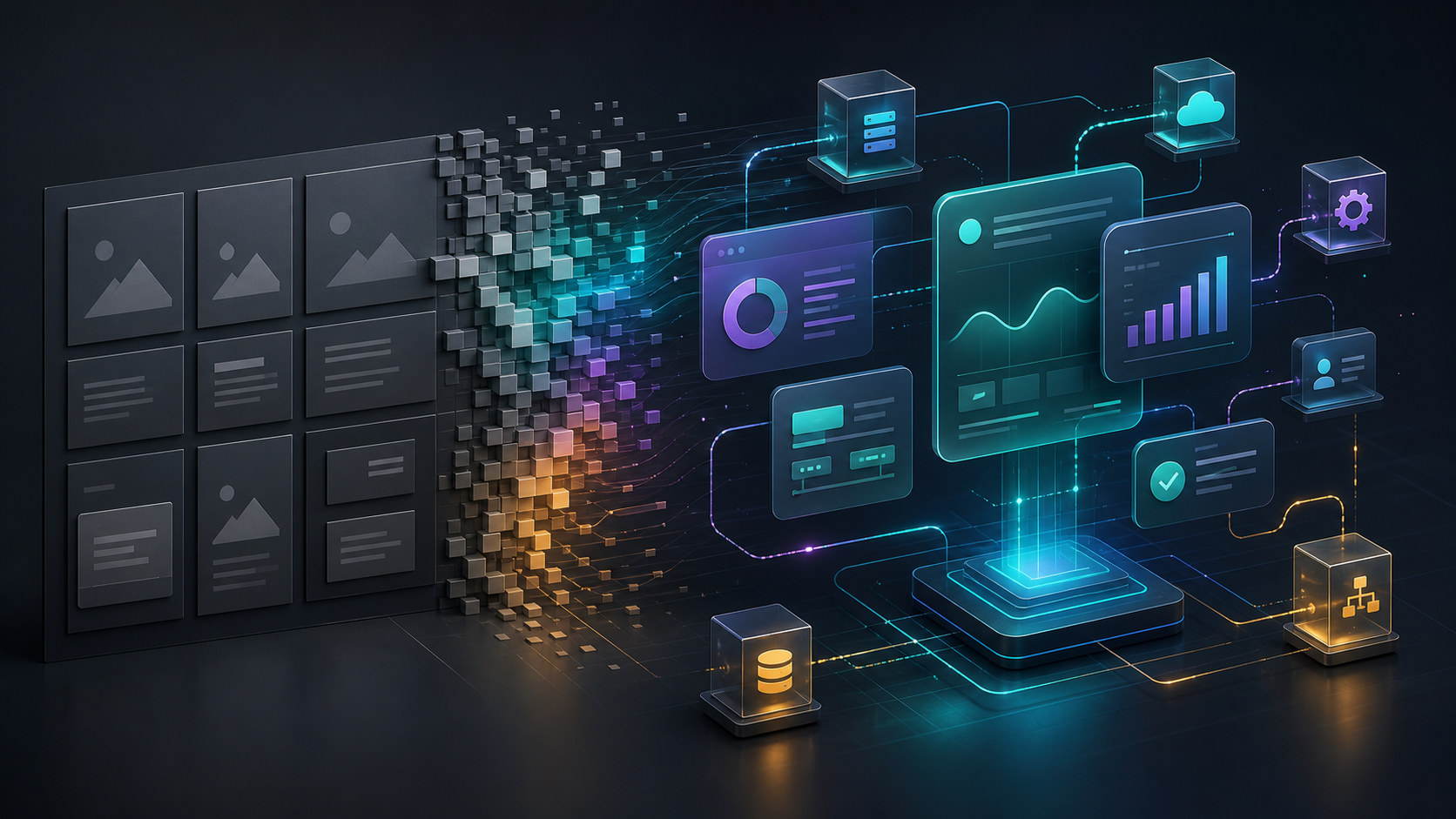 Template website grid transforming into a flexible custom web application architecture.