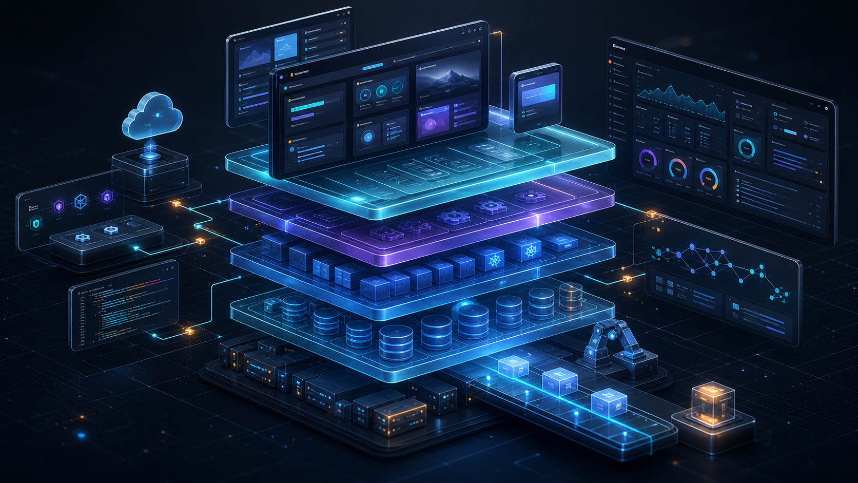 Layered full stack software architecture with frontend screens, backend services, APIs, and database systems.