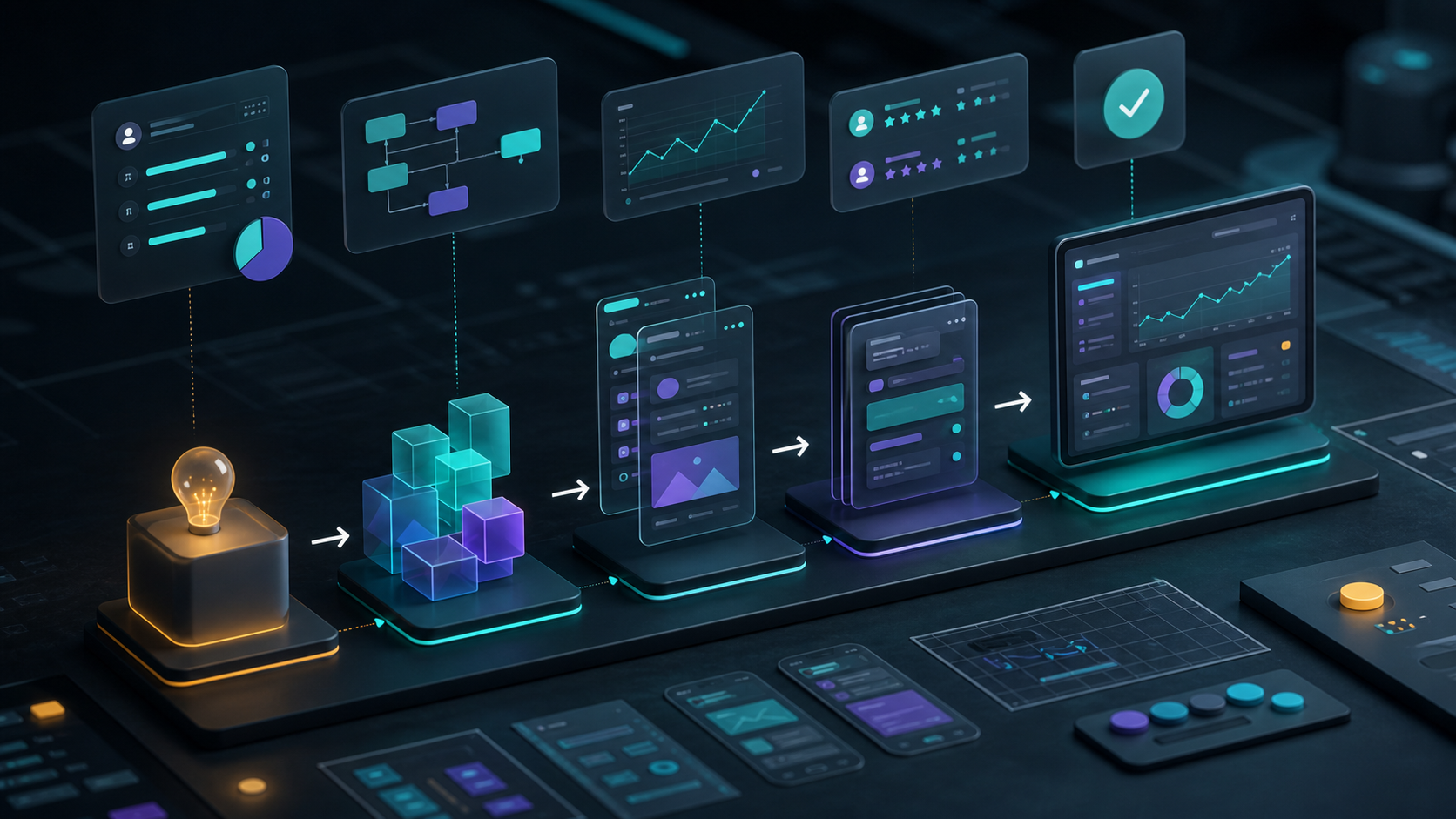 Startup MVP product journey with prototype modules, roadmap blocks, and validation signals.