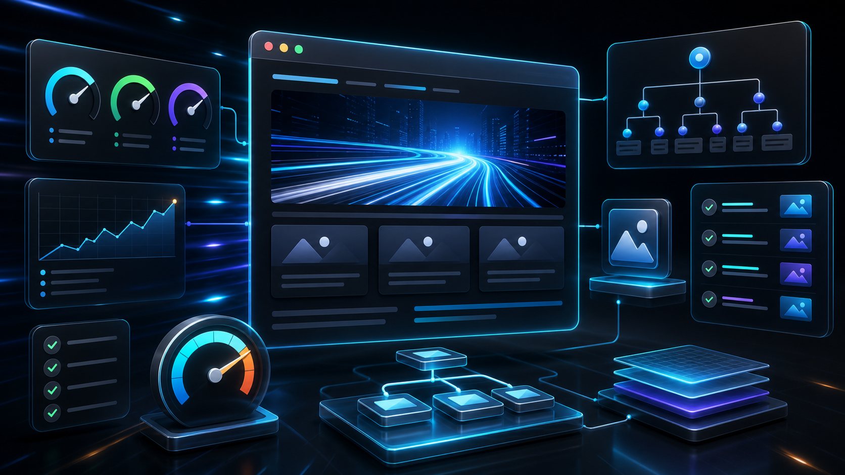 SEO and web performance dashboard with optimized website panels, speed metrics, and structured data nodes.