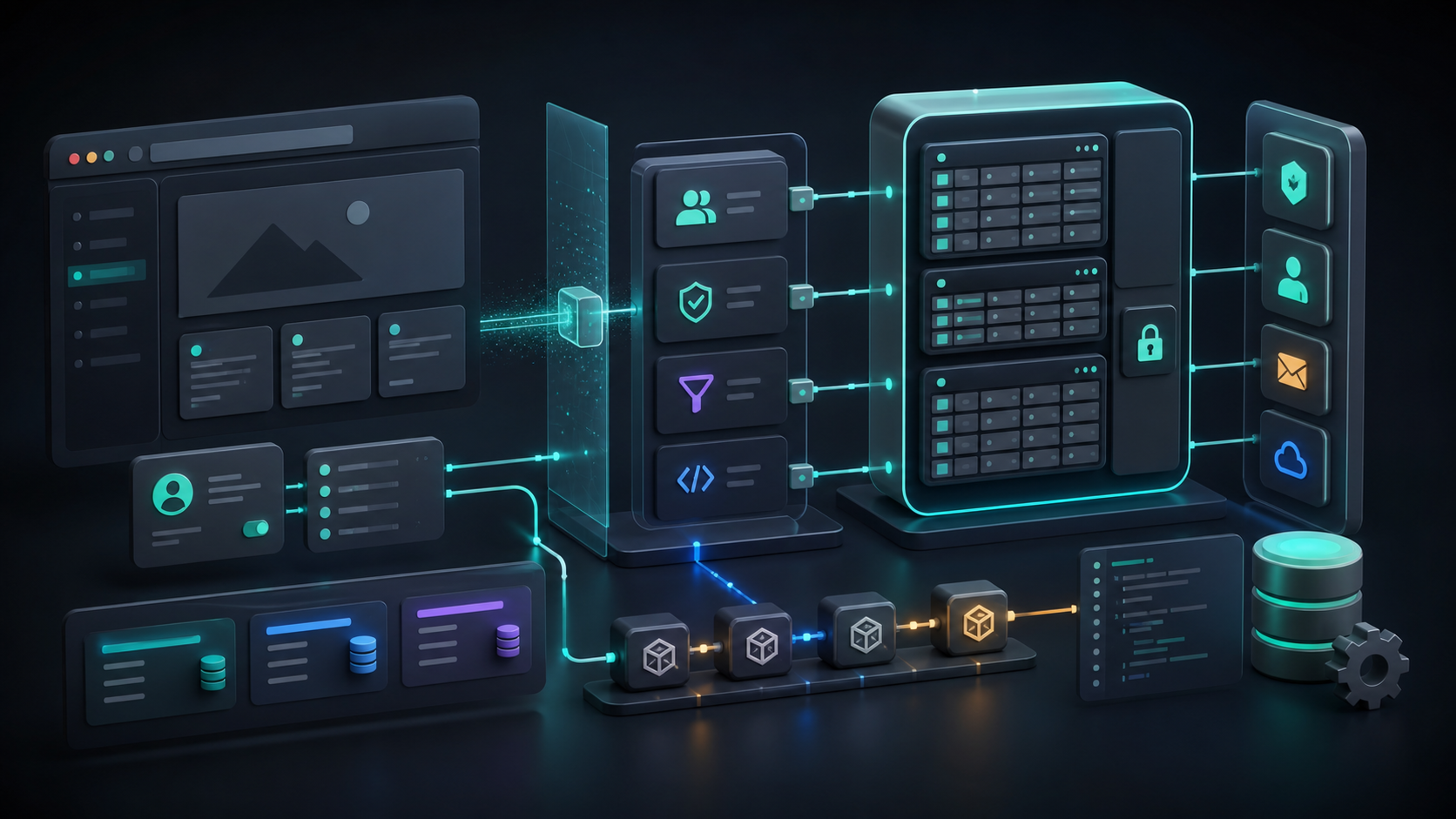 Production web app setup connecting frontend panels, database policies, auth boundaries, and migrations.