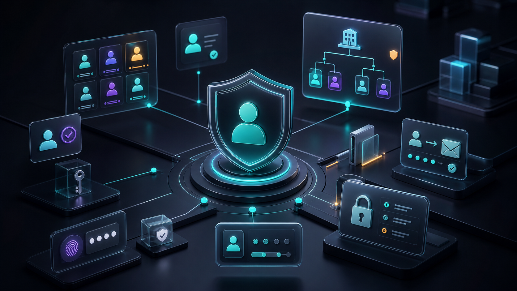 Secure SaaS authentication architecture with identity hub, role permissions, and workspace access controls.