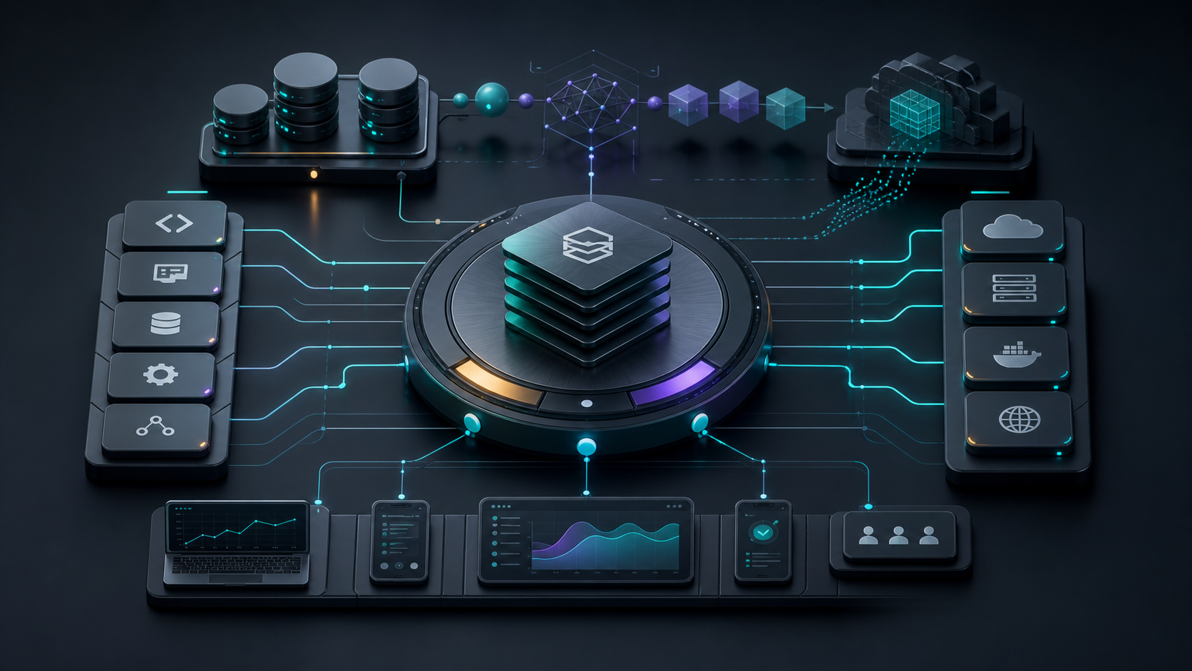 Startup technology stack selector with modular cloud, database, AI, and deployment architecture blocks.